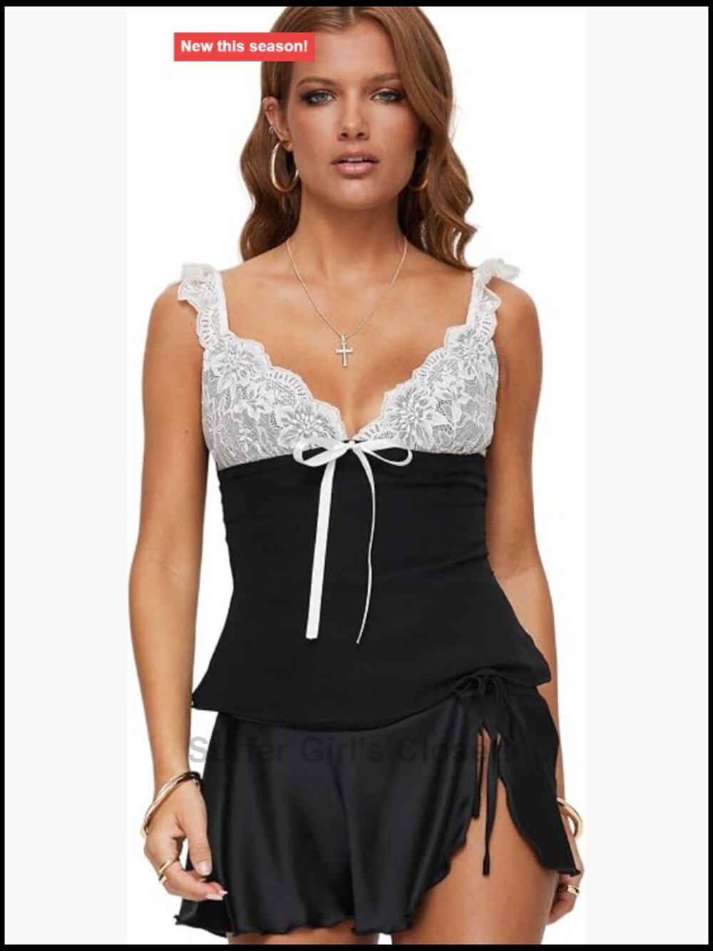 Lace V-Neck Sleeveless Crop Top with Bow, Adjustable Straps, Zipper Back